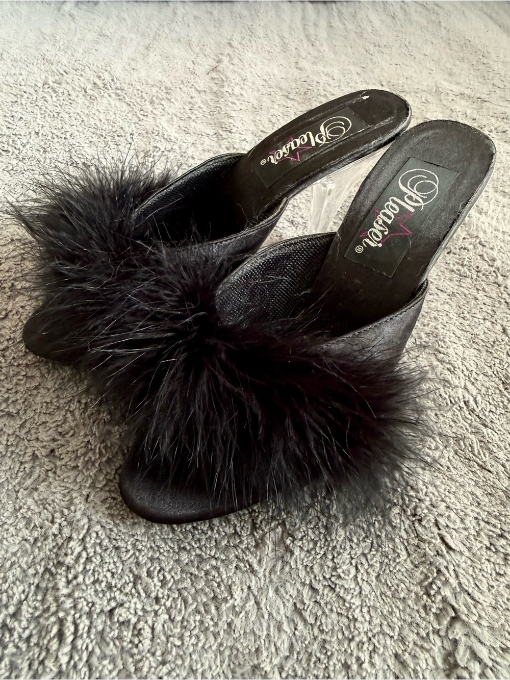 Pleasers Maribou Feather Black Heels with Clear Heels